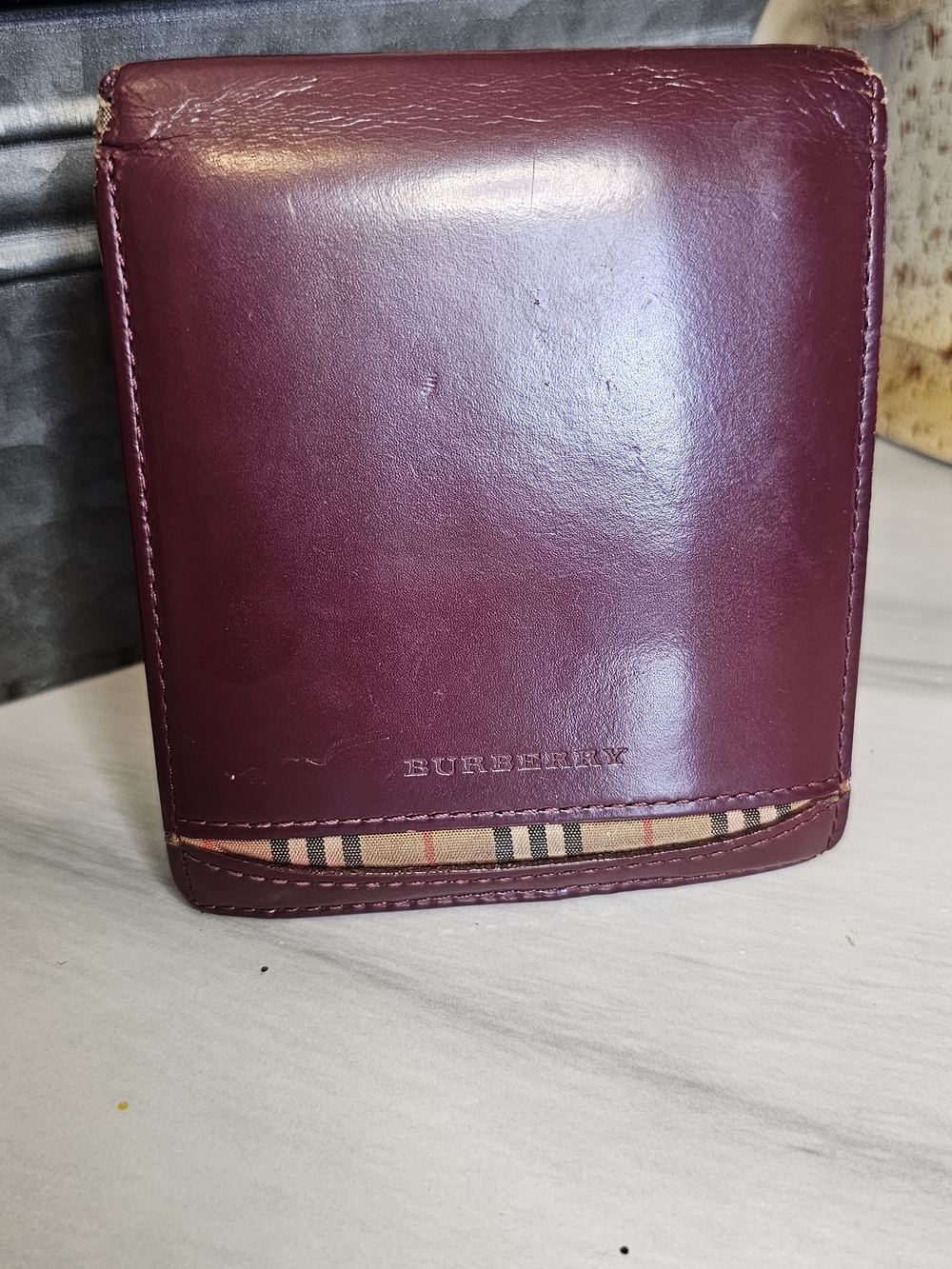 Burberry Maroon Leather Check Trim Wallet